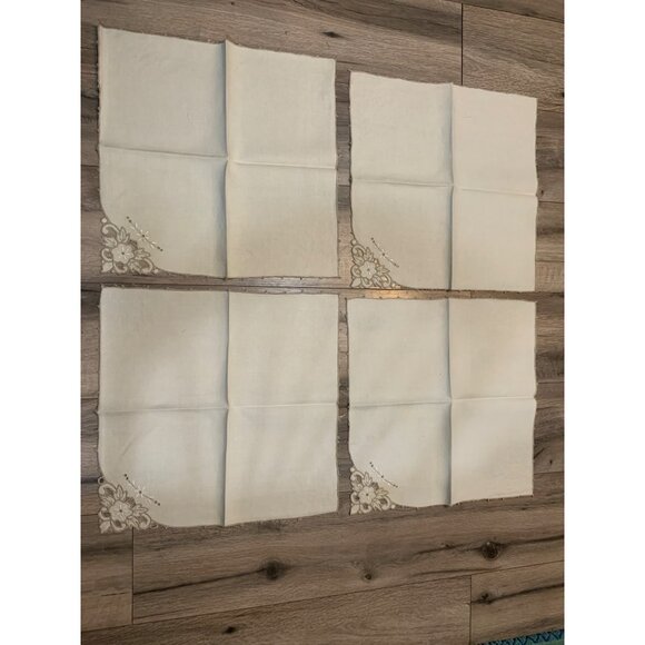 7 Linen Napkins Floral Tan and White Flower on Cream 16 x 16" - Picture 2 of 5